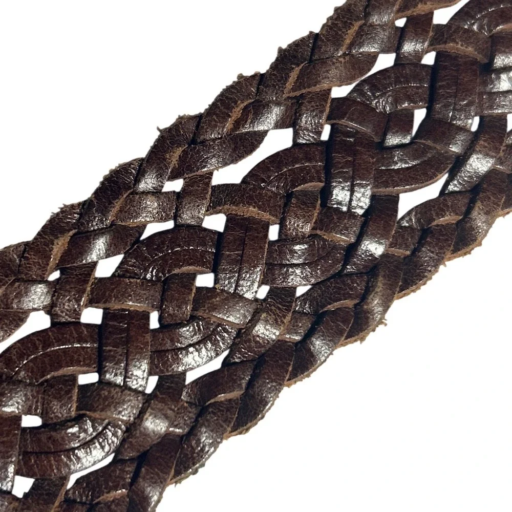 Covered Buckle Dark Brown Braided Leather Belt Woven Adjustable Strap Up to 47